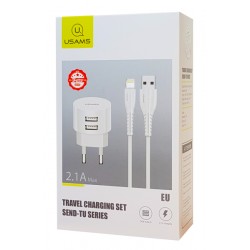 USAMS φορτιστής τοίχου T20 & καλώδιο Lightning, 2x USB, 2.1A, λευκός