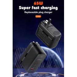 LDNIO φορτιστής τοίχου Q366 με καλώδιο, USB/2x USB-C, 65W, GaN, μαύρος